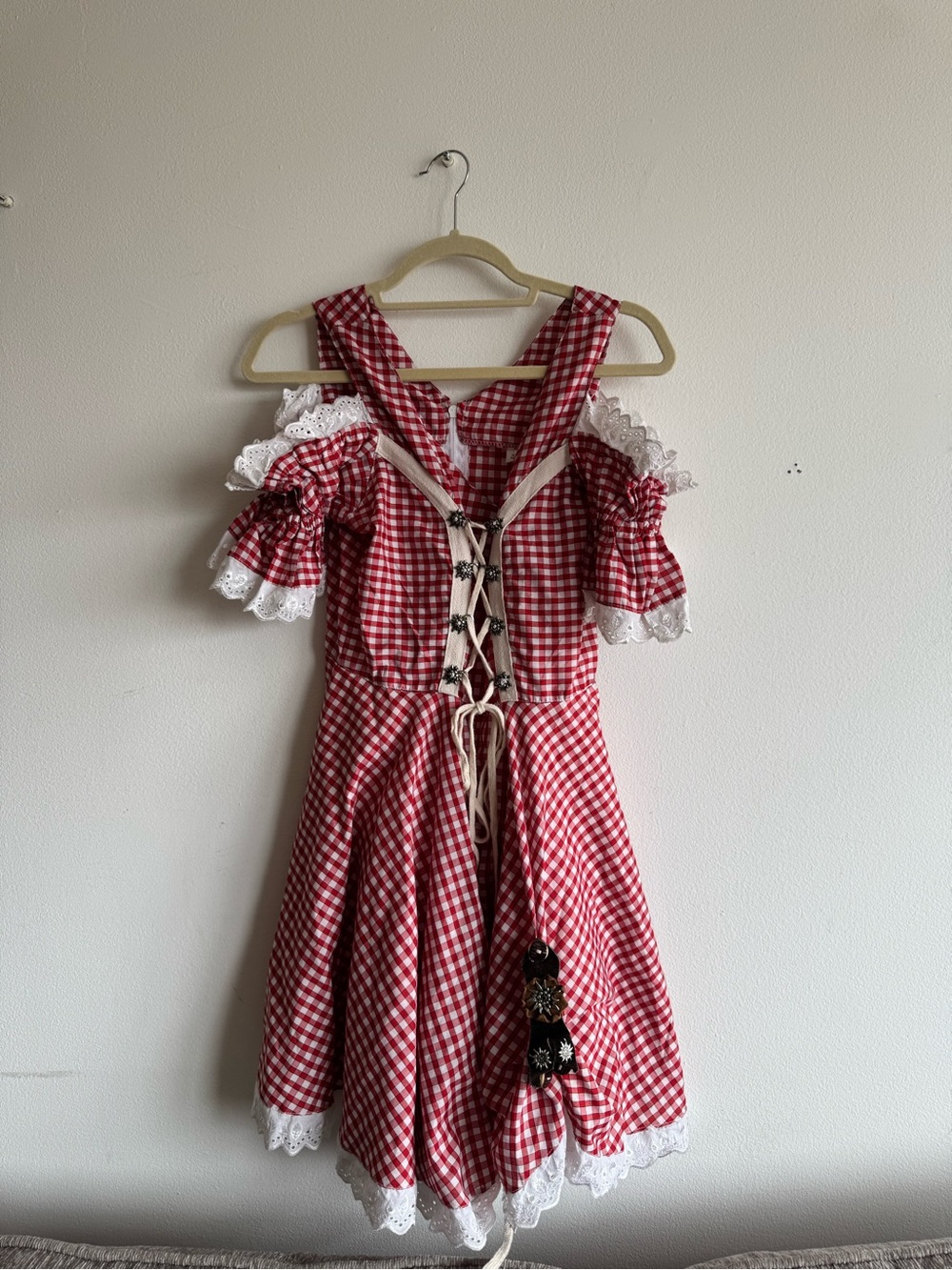 Red Gingham Lace-Up Dirndl Dress with Eyelet Trim Bought in Germany size 42